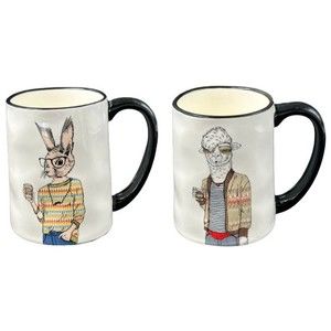 Signature Ceramic Art Mugs Bunny Rabbit and Lamb 17.5 oz Mugs Set of 2